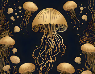 Dark luxury art hand drawn jellyfish in gold art  background