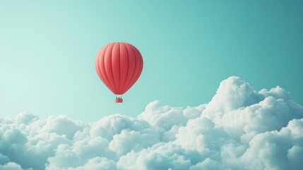 Fototapeta premium Red Hot Air Balloon Gliding Above Soft White Clouds in Clear Blue Sky on a Tranquil Day