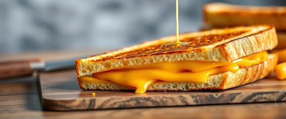 Golden-brown grilled cheese, cheese pulling, crisp edges,  instafood, close up