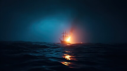 Fototapeta premium Cascading waves crash against the pirate ship as flames roar into the night air. The turbulent sea adds to the drama of the ship's fiery demise under a dark sky