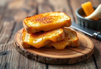 Golden-brown grilled cheese on rustic wood, ample empty space,  culinary art, meal