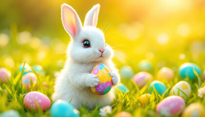 An adorable Easter bunny with Easter eggs.