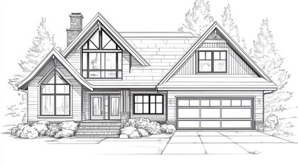 Modern House Exterior Sketch, Front View, Design Concept