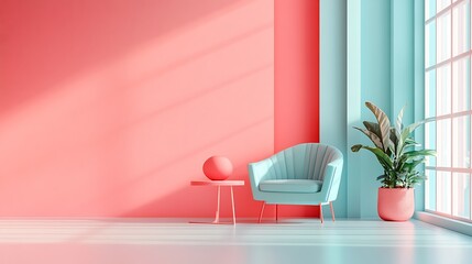Pastel room with armchair, plant, and side table.