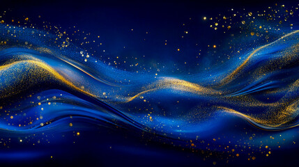 Obraz premium Elegant abstract background with dark blue and shimmering gold particles. Festive Christmas golden light sparkles and bokeh effect on a rich navy blue backdrop.