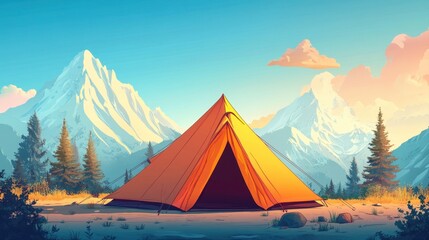 Serene Mountain Landscape with Vibrant Tent Under Clear Blue Sky and Majestic Peaks