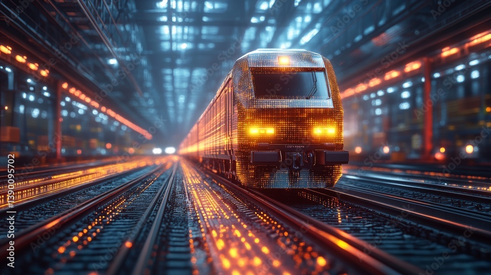 Poster a smart train moves seamlessly along tracks in a highly automated transportation facility at night, 