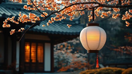 Obraz premium Illuminated Paper Lantern Hanging from Blossoming Branch near Asian House