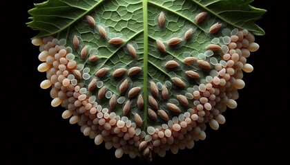 Moth Eggs on a Leaf Underside Cluster of moth eggs attached to t