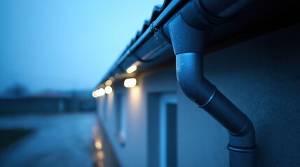 Naklejka premium Rainwater flows through a sleek gutter system integrated into a modern building. The setup reflects the commitment to sustainability while enhancing the aesthetic appeal of the structure