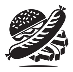 Sausage fast food vector illustration outline, silhouette on white background.