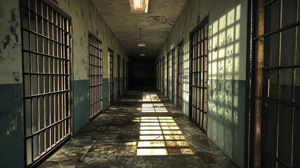 Exploring an abandoned prison corridor with empty cells and eerie shadows in the afternoon light
