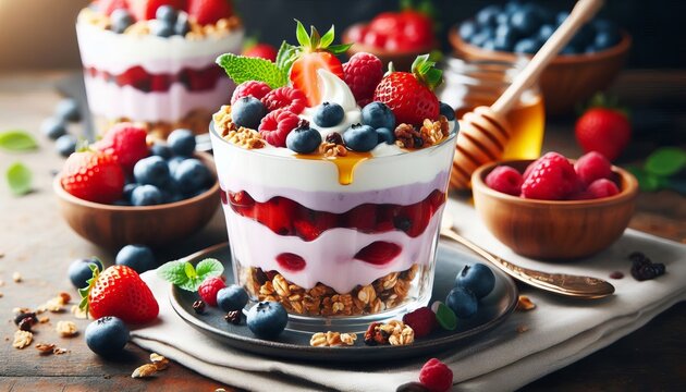 Berry Yogurt Parfait A layered mix of yogurt fresh berries grano