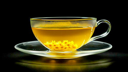 Elegant Glass Teacup Filled with Vibrant Yellow Chamomile Tea on a Pristine White Saucer, Fresh, Inviting, and Soothing