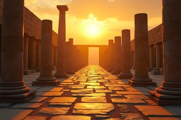 Ancient ruins bathed in golden sunset light, long shadows stretching across stone floors.
