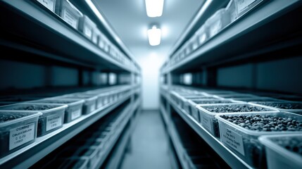 Naklejka premium A seed bank scientist meticulously examines various plant samples in organized containers under bright clinical lighting in a research facility, ensuring proper classification and preservation