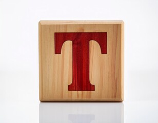 Minimalist photo of a wooden block with the letter T against a white background