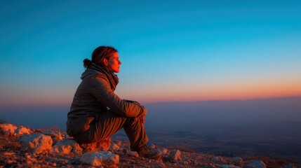 Fototapeta premium A traveler sits on a rocky ledge, basking in the warm glow of magic hour light. The vast landscape stretches beneath as the day transitions into evening, instilling a sense of peace