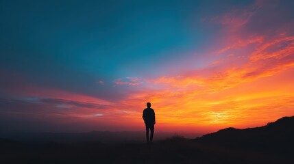 A person stands silhouetted against a stunning sunset, absorbing the soft hues of orange and pink. The calm atmosphere reflects the beauty of the golden hour during slow travel
