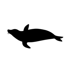 Minimalist black silhouette of a seal lying on its belly with outstretched flippers