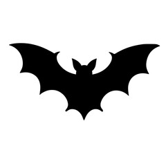 Minimalist black silhouette of a bat in mid-flight with spread wings