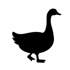 Minimalist black silhouette of a waddling goose with long neck