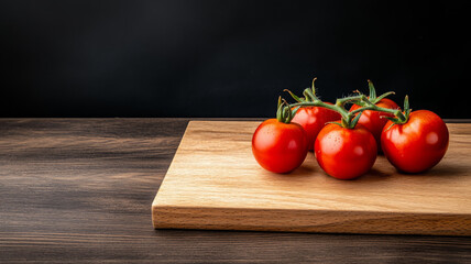 Fresh ripe tomatoes on wooden cutting board, showcasing vibrant colors and natural beauty