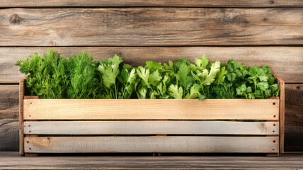 Fresh herbs in wooden crate create vibrant display of flavors and aromas
