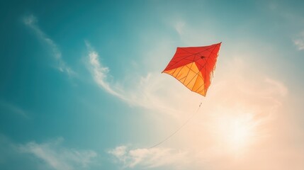 Bright Orange Kite Soaring Against Clear Blue Sky with Soft Clouds and Sunlight in Background