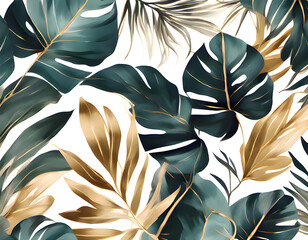 Abstract luxury art background with exotic leaves in watercolor style