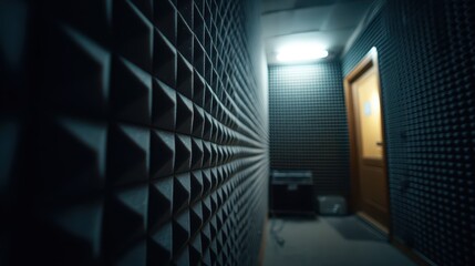 Moody low-light atmosphere inside a soundproof podcast recording studio features textured walls and a wooden door at the end of a narrow hallway, perfect for focused audio production