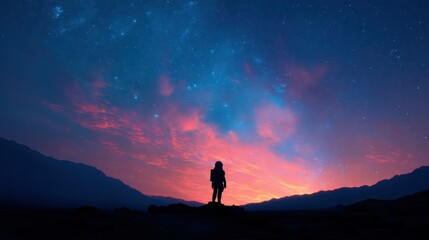 Obraz premium An astronaut stands on a rocky terrain, gazing at the vast universe filled with stars and colorful clouds during twilight. The silhouette captures a moment of wonder in space exploration