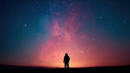 Fototapeta premium An astronaut stands in silhouette against a stunning night sky, filled with vivid colors and countless stars. The exploration of the universe inspires awe and curiosity about what lies beyond