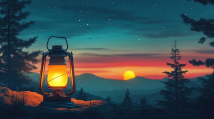 Tranquil Evening Scene with Lantern and Sunset Over Mountainous Landscape in Soft Warm Colors
