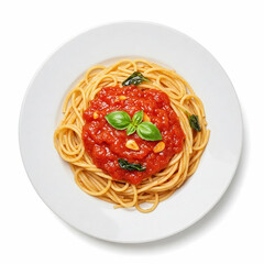 High-angle, close-up view of a plate of spaghetti napoli with a rich tomato sauce.