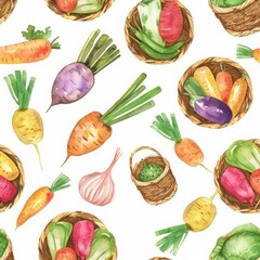 Seamless pattern watercolor baskets of vegetables white background drawing abstract illustration