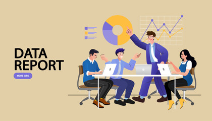 Business meeting concept. group of people having a discussion at a table with graphs in the background. Vector illustration and flat design.