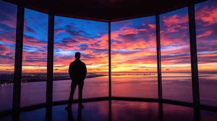 man looking out panoramic windows at sunset, dramatic time lapse sky