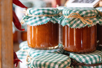 Apricot jam in glass jars, Can Parrí, l'Escrivania Espai Gastronòmic , Porreres, Mallorca, Balearic Islands, Spain