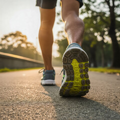Close-up of a man's running shoe taking a step on a paved park path.