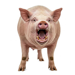 Angry Pig with Open Mouth Against White Background