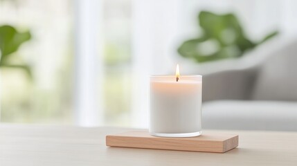 Peaceful candle on a wooden tray
