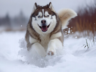 Naklejka premium Realistic photography Playful Alaskan Malamute running joyfully through snowy terrain