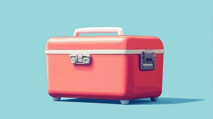 Bright red vintage cooler on a blue background, perfect for outdoor gatherings and summer picnics