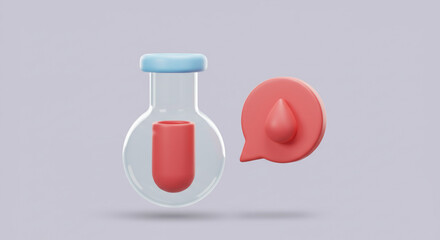 A blood sample in a lab flask announces vital health data, a 3D-rendered illustration with pastel colors.