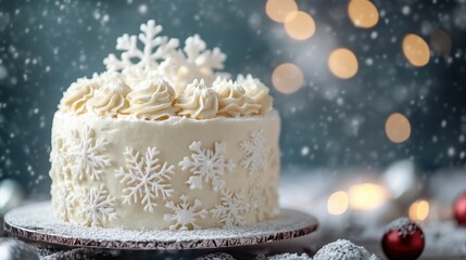 Elegant Winter Cake Decorated with Snowflakes and Frosting for Holiday Celebrations and Parties