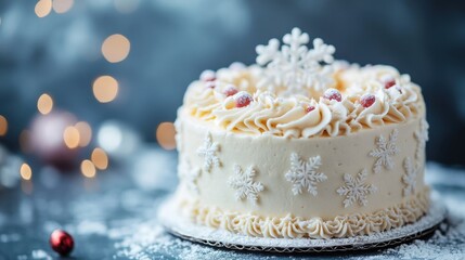 Festive Winter Cake with Snowflake Decoration and Red Berries against a Blurred Background of Christmas Lights