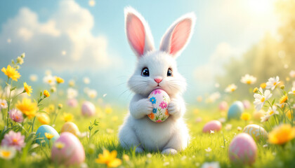 Fototapeta premium A cute Easter bunny with Easter eggs.
