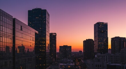Obraz premium Cityscape at Sunset: A Stunning View of Modern Skyscrapers