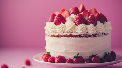 Delicious strawberry cake with whipped cream and fresh strawberries on a pink background, perfect for celebrations